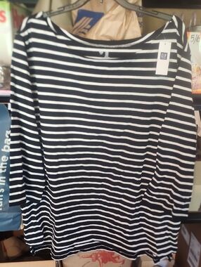 Nwt Sz XXL GAP Women’s 3/4 Sleeve Black & White Striped Boatneck Cotton Top